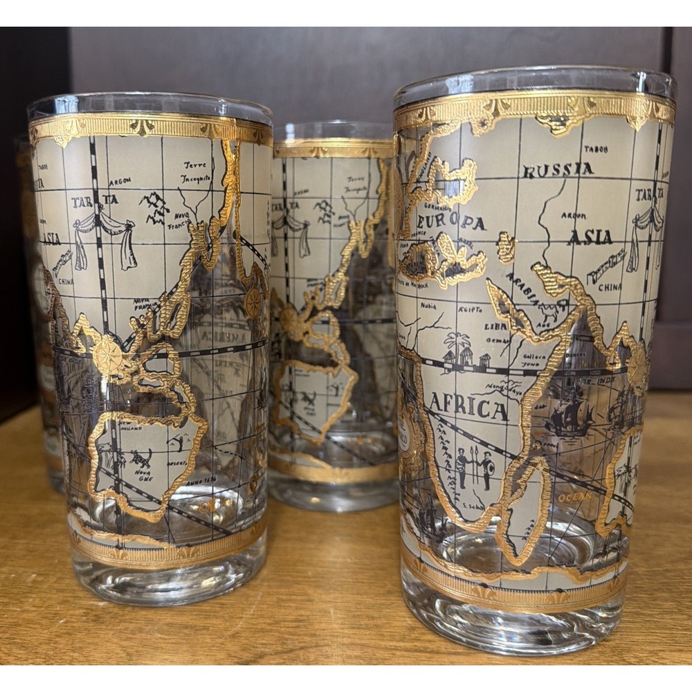 7 Cera Highball Tumbler Cocktail Glasses 22K Gold World Atlas Map Vtg MCM 12 oz